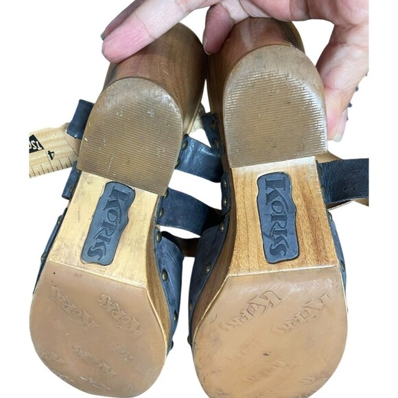 Korks Wendy Cross Strap Studded Platform Heeled Clogs Tan Denim Blue Size 7M - Picture 9 of 13